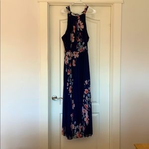 Floor length, halter top, floral dress.